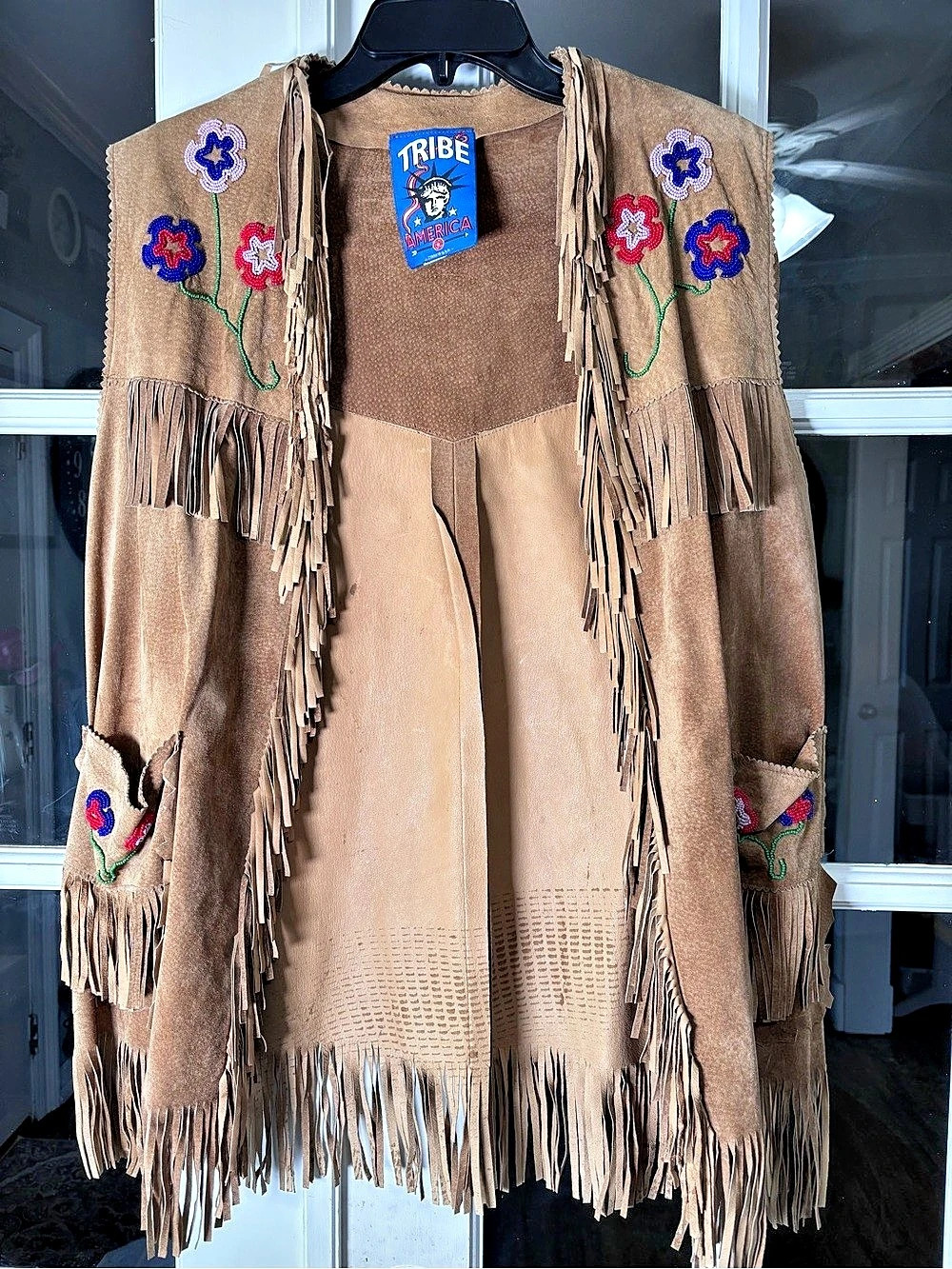 Tribe America Beaded Fringe Suede Vest Brown Floral Western Boho L/XL